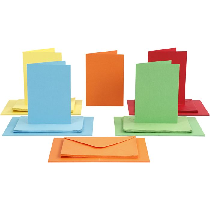 Cartes et enveloppes, dimension carte 10,5x15 cm, dimension enveloppes 11,5x16,5 cm, 110+220 gr, ass. de couleurs, 50 set/ 1 Pq.