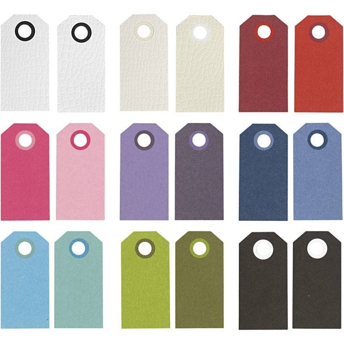 Étiquettes en carton, dim. 6x3 cm, 250 gr, ass. de couleurs, 30x10 pièces/ 1 Pq.