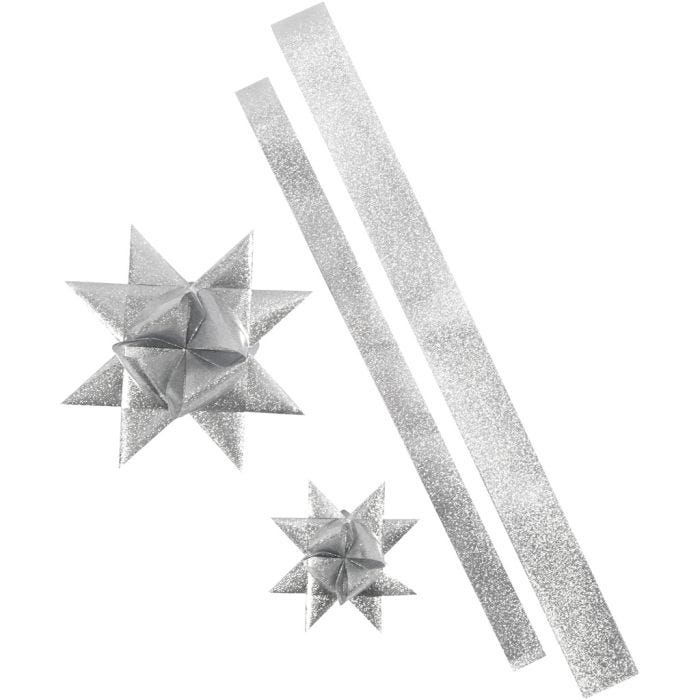 Bandes de papier étoiles, L : 86+100 cm, d 11,5+18,5 cm, L : 25+40 mm, argent scintillant, 16 bandes/ 1 Pq.