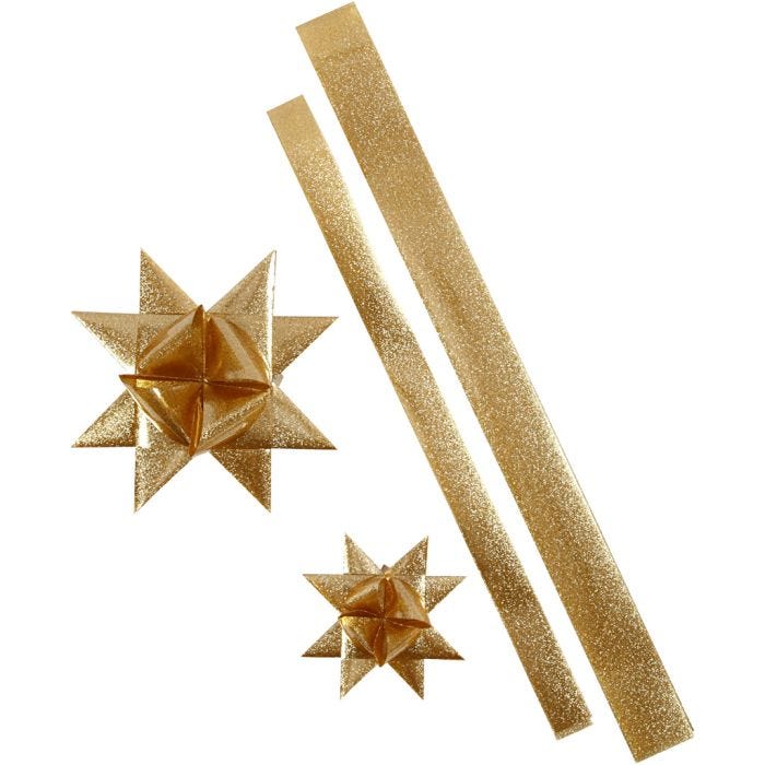 Bandes de papier étoiles, L : 86+100 cm, d 11,5+18,5 cm, L : 25+40 mm, glitter or, 16 bandes/ 1 Pq.