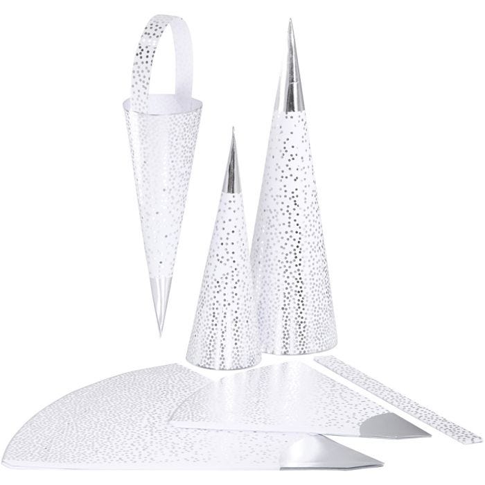 Cônes, H : 18+28 cm, 120 gr, argent, blanc, 3 pièces/ 1 Pq.