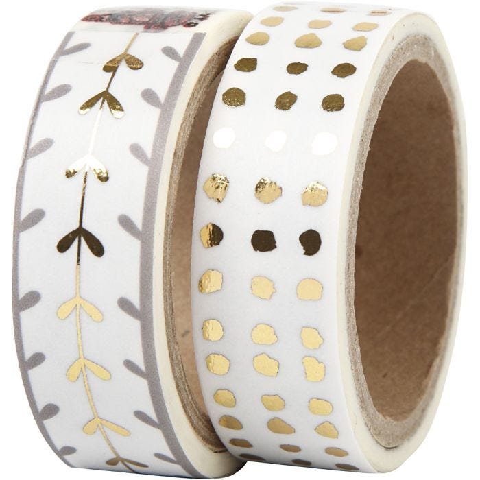 Ruban adhésif Washi Tape, coeurs et points - film, L : 15 mm, or, blanc, 2x4m/ 1 Pq.
