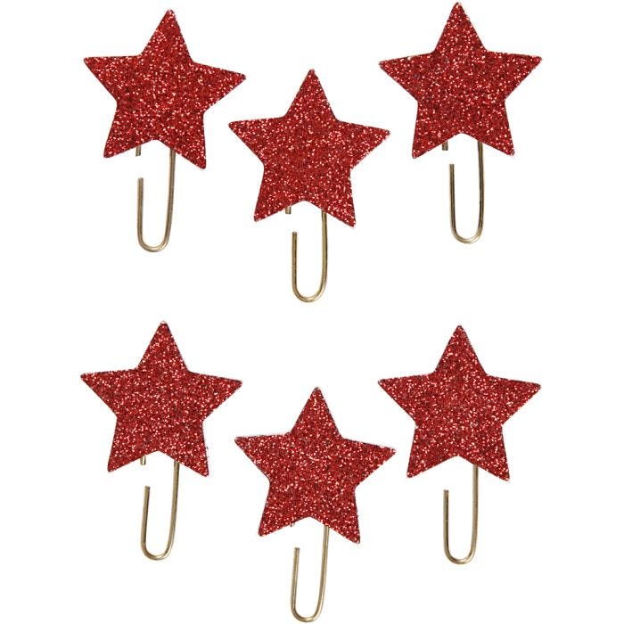 Trombonnes métalliques, Étoile, d 30 mm, glitter rouge, 6 pièces/ 1 Pq.