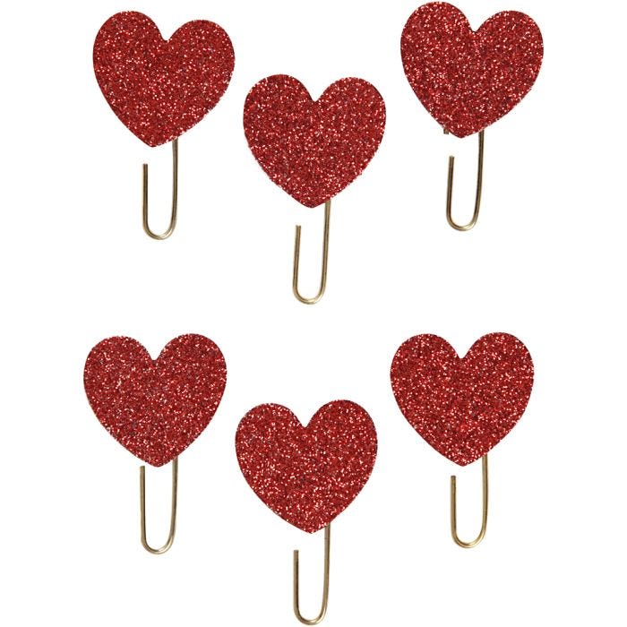 Trombonnes métalliques, Coeur, d 30 mm, glitter rouge, 6 pièces/ 1 Pq.