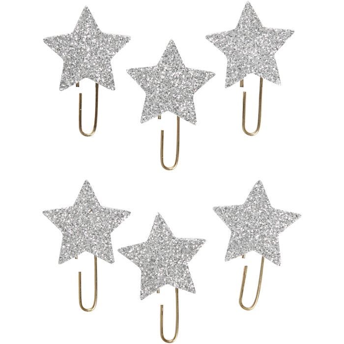 Trombonnes métalliques, Étoile, d 30 mm, argent scintillant, 6 pièces/ 1 Pq.