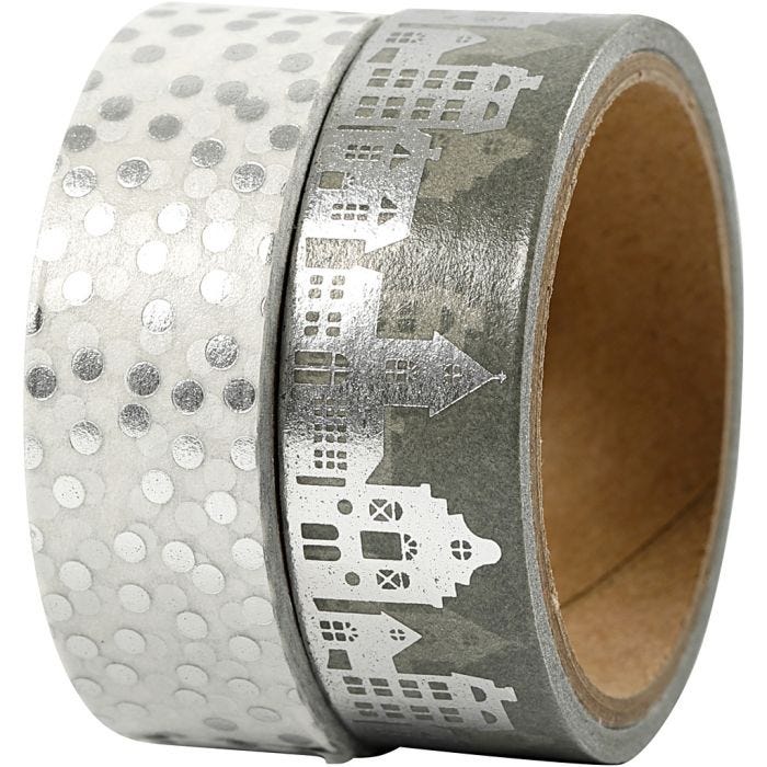 Ruban adhésif Washi Tape, maisons et points - film, L : 15 mm, argent, 2x4 m/ 1 Pq.