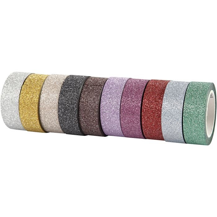 Ruban adhésif à paillettes, L : 15 mm, ass. de couleurs, 10x6 m/ 1 Pq.
