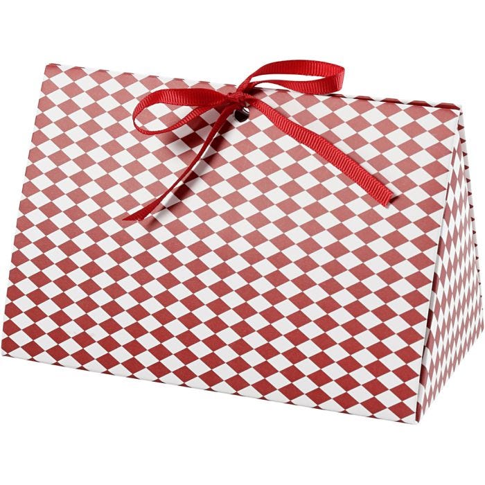 Boîte cadeau à plier, Motif arlequin, dim. 15x7x8 cm, 250 gr, rouge, blanc, 3 pièces/ 1 Pq.