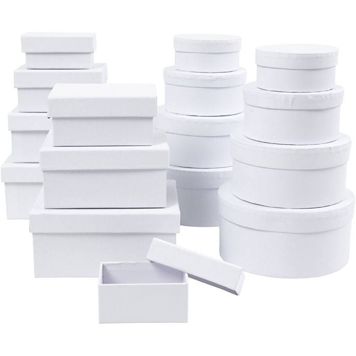 Boîtes , H : 3,5+4,5+5,5+6,5 cm, dim. 8,5x11,5+11x14 cm, Le contenu peut varier , blanc, 16 pièces/ 1 Pq.