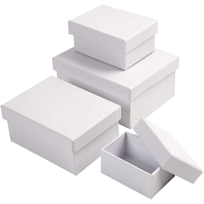 Boîtes Rectangulaires, H : 3,5+4,5+5,5+6,5 cm, dim. 7,5x5 + 9,5x7 + 11,5x8,5 + 14x11 cm, blanc, 4 pièces/ 1 set