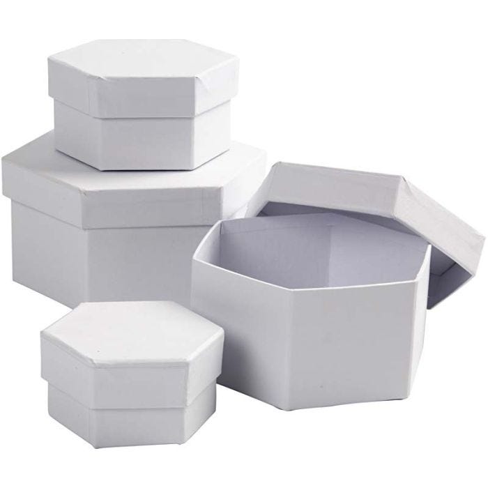 Boîtes Hexagonales, H : 4+5+6+7 cm, d 6,5+8+10+12 cm, blanc, 4 pièces/ 1 set