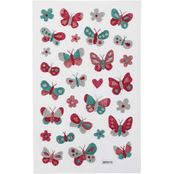 Autocollants à paillettes, papillons, feuille 10x16 cm, 1 flles