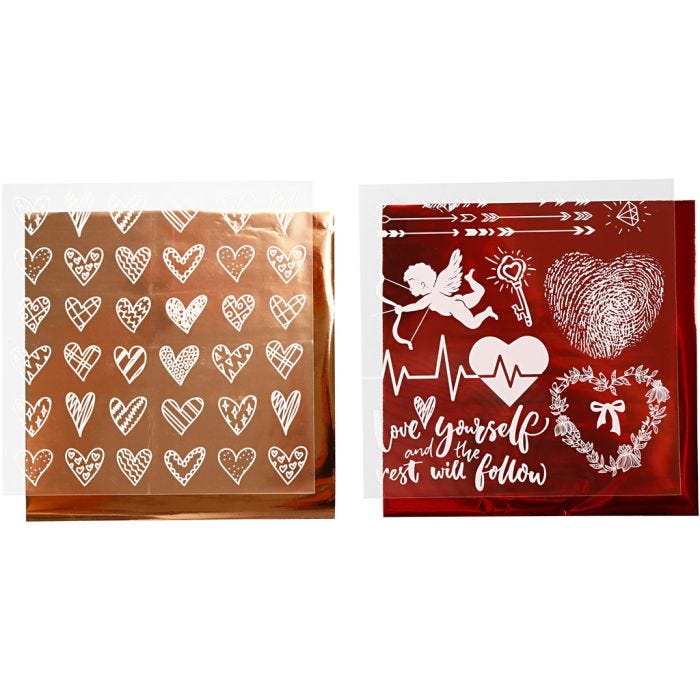 Film décoratif et feuille transfert, coeurs et amour, feuille 15x15 cm, rouge, 2x2 flles/ 1 Pq.
