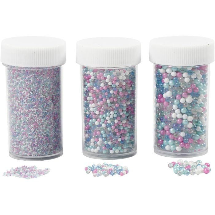 Mini Perles de Verre, dim. 0,6-0,8+1,5-2+3 mm, couleurs pastel, 3x45 gr/ 1 Pq.