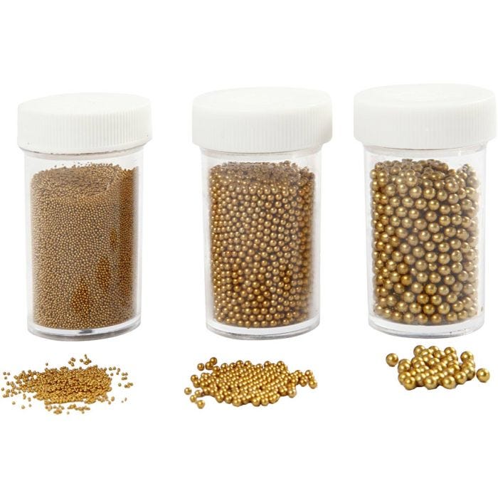 Mini Perles de Verre, dim. 0,6-0,8+1,5-2+3 mm, or, 3x45 gr/ 1 Pq.