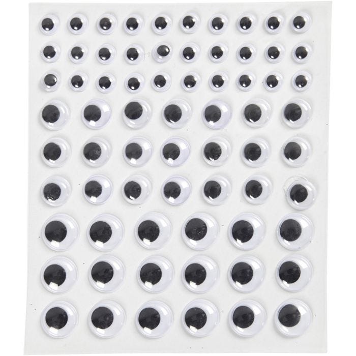 Yeux mobiles, autocollant, d 8+12+14 mm, blanc, 69 pièce, 1 flles