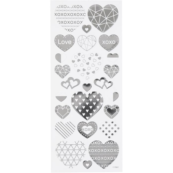 Autocollants, coeurs, feuille 10x24 cm, ca. 25 pièce, argent, 1 flles