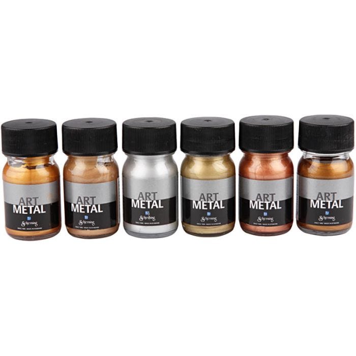 Peinture Acrylique Métallisée, dim. 5102, 5104, 5106, 5108, 5109, 5110, couleurs métalliques, 6x30 ml/ 1 Pq.