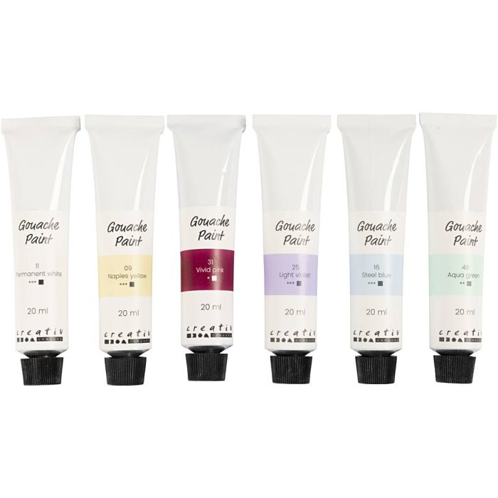 Peinture gouache, couleurs pastel, 6x20 ml/ 1 Pq.