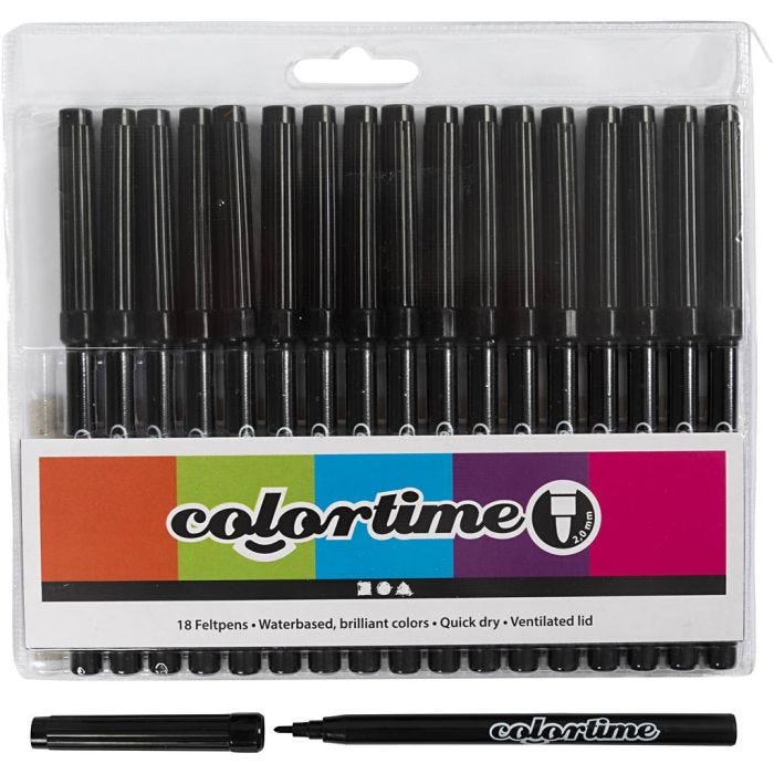 Feutres Colortime, trait 2 mm, noir, 18 pièces/ 1 Pq.