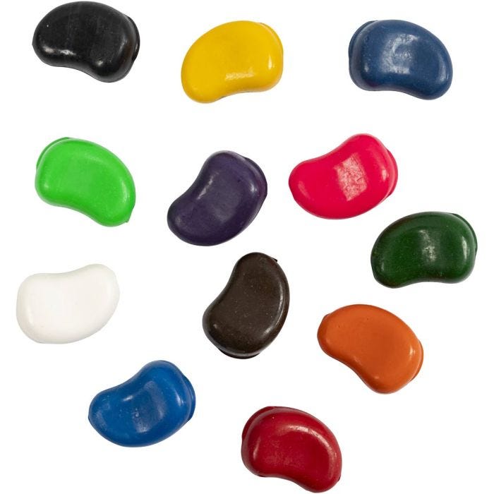 Crayons, Haricots, L : 25 mm, ép. 15 mm, ass. de couleurs, 12 pièces/ 1 Pq.