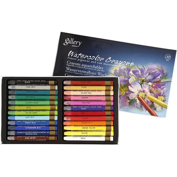 Pastels à la cire aquarellables, L : 9,3 cm, ass. de couleurs, 24 pièces/ 1 Pq.