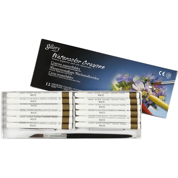 Pastels à la cire aquarellables, L : 9,3 cm, ép. 8 mm, blanc (301), 12 pièces/ 1 Pq.
