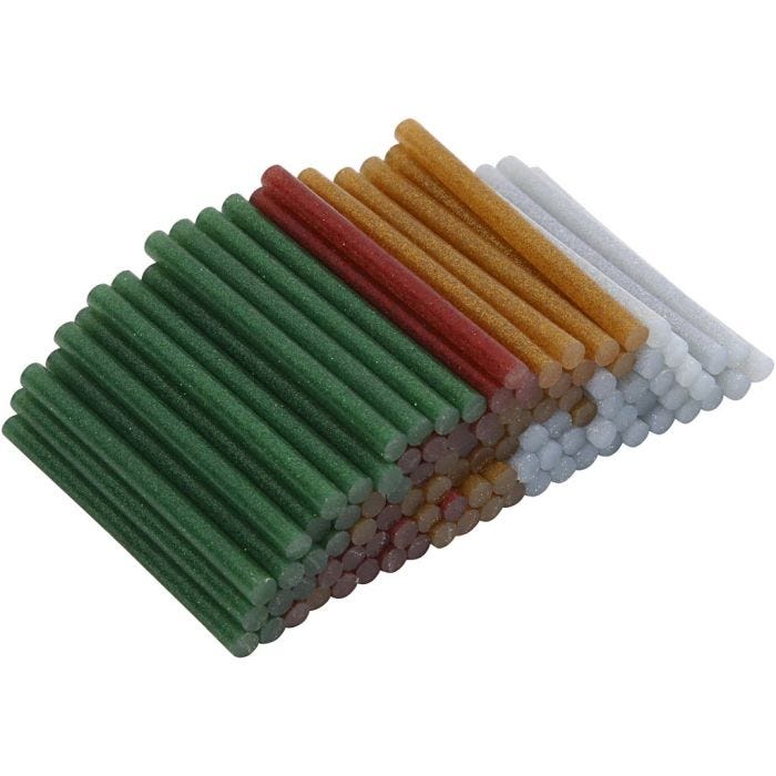 Bâtons de colle Mini, L : 10 cm, d 7 mm, paillettes, or, vert, rouge, argent, 100 pièces/ 1 Pq.