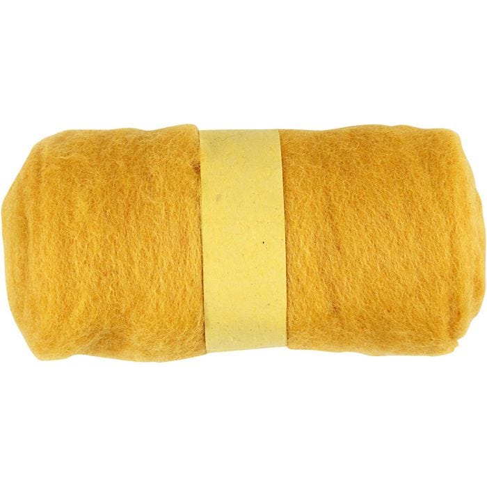 Pelote de Laine Cardée, jaune, 100 gr/ 1 boule