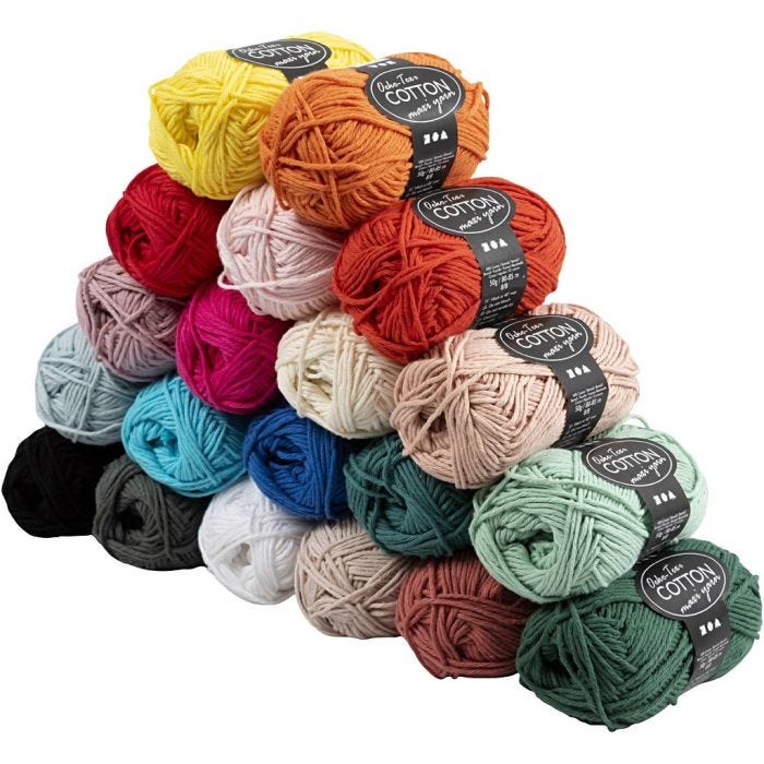 Pelote de fil de coton, L : 80-85 M, ass. de couleurs, 20x50 gr/ 1 Pq.