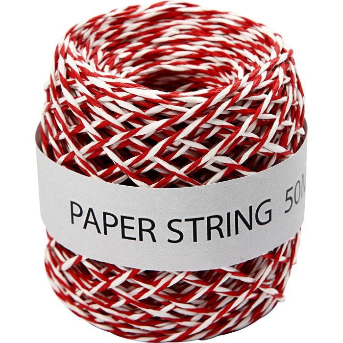 Ficelle de papier, ép. 1 mm, rouge/blanc, 50 m/ 1 rouleau