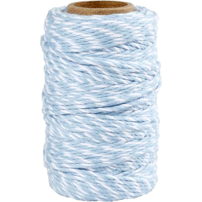 Ficelle de coton, ép. 1,1 mm, blanc/bleu clair, 50 m/ 1 rouleau