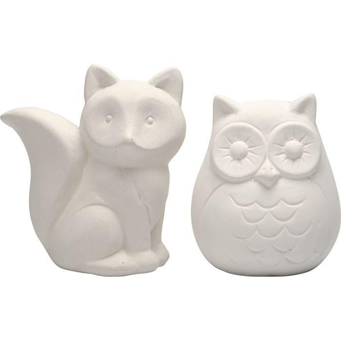 Tirelires en forme d'animaux, hibou et renard, H : 9 cm, blanc, 2 pièces/ 1 Pq.