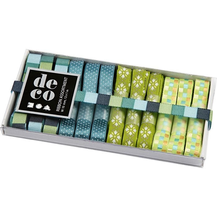 Rubans décoratifs, L : 10 mm, harmonie bleu/vert, 12x1 m/ 1 Pq.