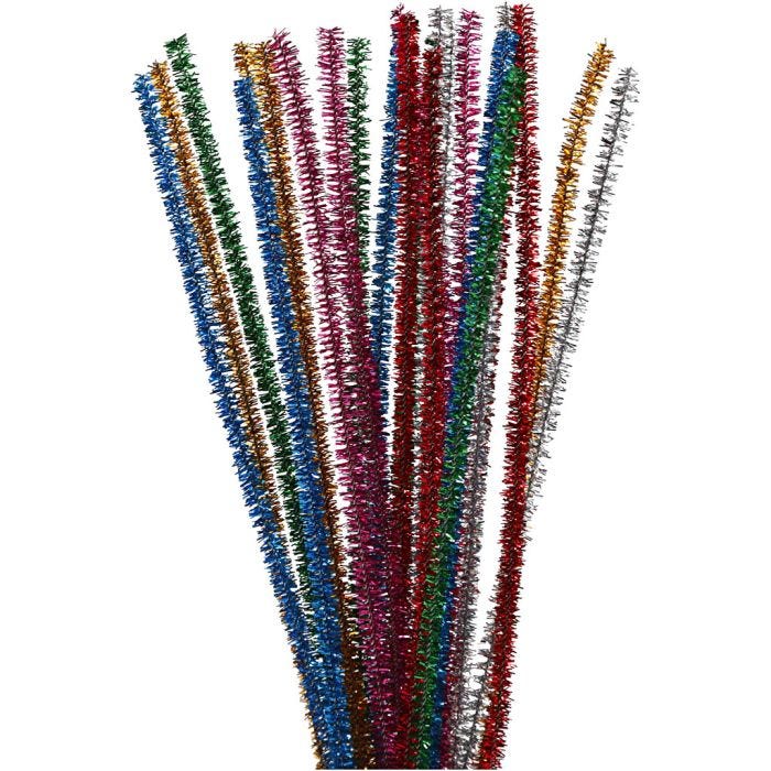 Fil chenille, L : 30 cm, ép. 6 mm, paillettes, Couleurs vives, 24 ass./ 1 Pq.