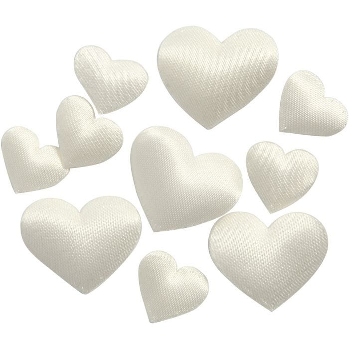 Coeurs en satin, dim. 10+20 mm, ép. 1-2 mm, blanc cassé, 70 pièces/ 1 Pq.