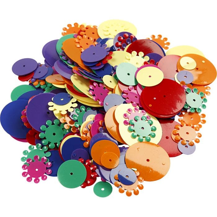 Paillettes, rondes, dim. 10-25 mm, ass. de couleurs, 250 gr/ 1 Pq.