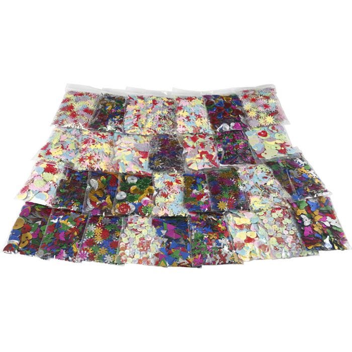 Mix paillettes, dim. 7-30 mm, ass. de couleurs, 32x25 gr/ 1 Pq.