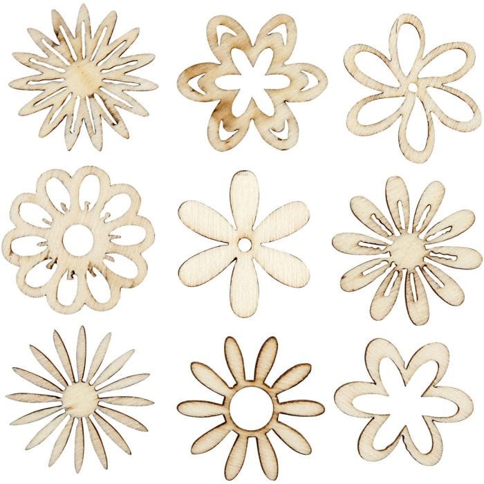 Décorations en bois, fleurs, dim. 28 mm, 45 pièces/ 1 Pq.