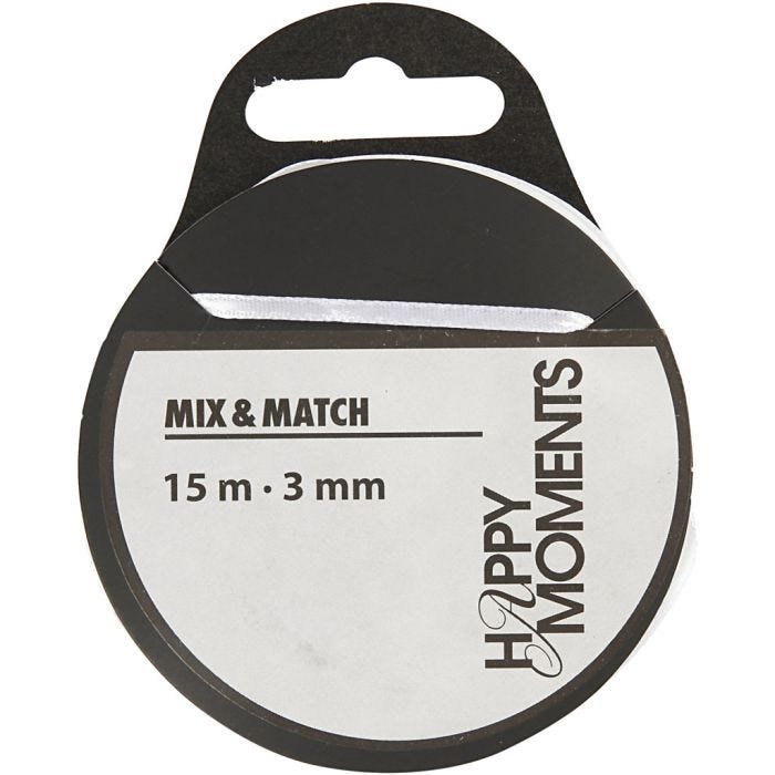 Ruban de satin, L : 3 mm, blanc, 15 m/ 1 rouleau