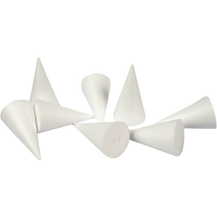 Cônes en polystyrène, H : 11 cm, d 5,5 cm, blanc, 50 pièces/ 1 Pq.