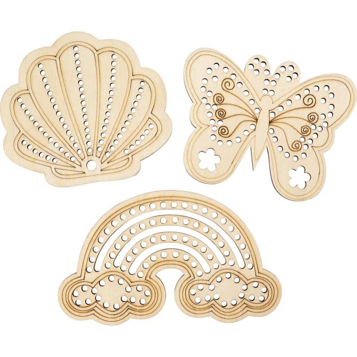 Forme en bois avec trous, Arc-en-ciel, coquille, papillon, dim. 7,5-13 cm, 24 pièces/ 1 Pq.