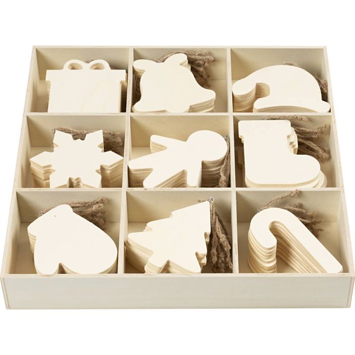 Décorations en bois, dim. 7-9 cm, ép. 4 mm, 90 pièces/ 1 Pq.