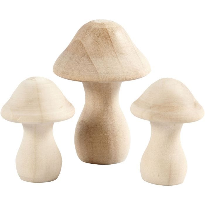 Champignons en bois, d 3,3+4,5 cm, dim. 4,5+6,5 cm, 3 pièces/ 1 Pq.