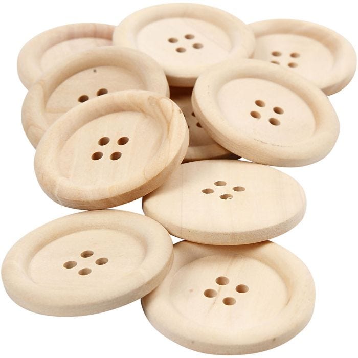 Boutons en bois, d 35 mm, diamètre intérieur 2 mm, 4 trous, 10 pièces/ 1 Pq.