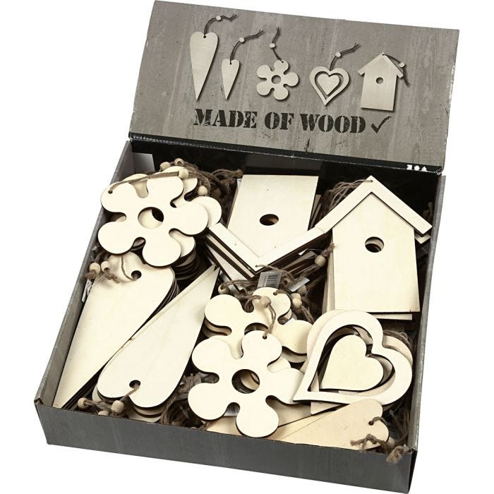 Décorations en bois, dim. 6,5-21,5 cm, ép. 5 mm, 100 pièces/ 1 Pq.