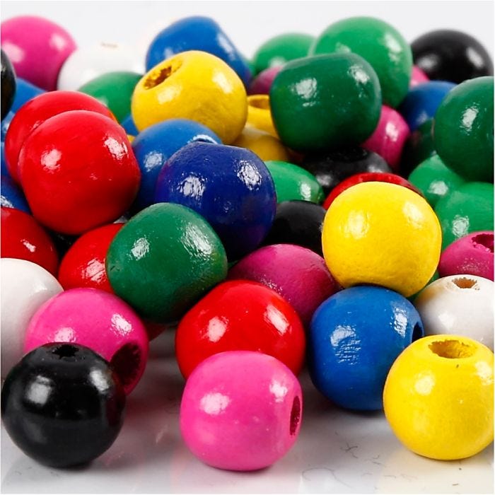 Mélange de perles en bois, d 12 mm, diamètre intérieur 3 mm, ass. de couleurs, 22 gr/ 1 Pq.