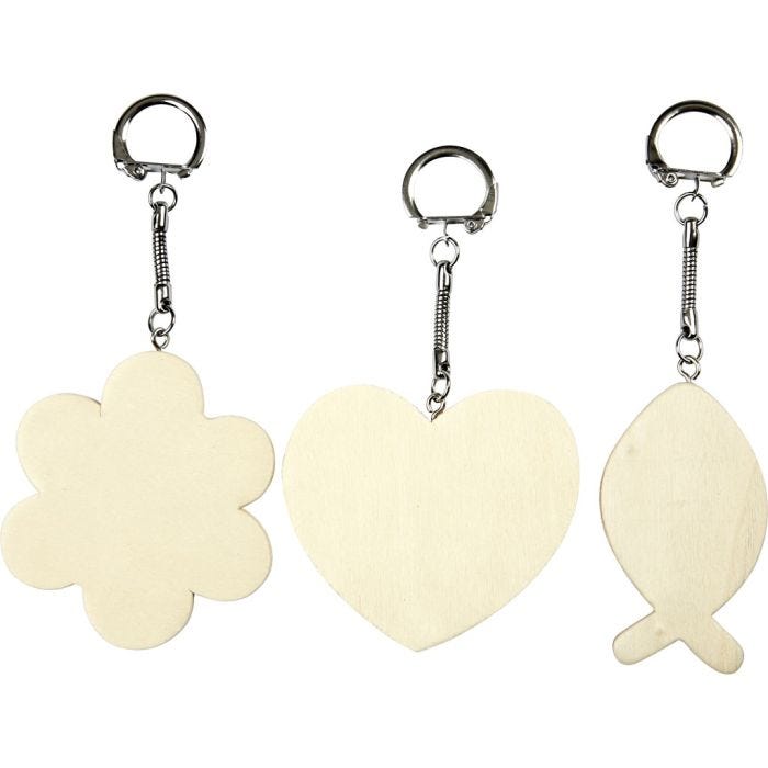 Porte-clés avec pendentif en bois, dim. 6-7 cm, ép. 3 mm, 12 pièces/ 1 Pq.