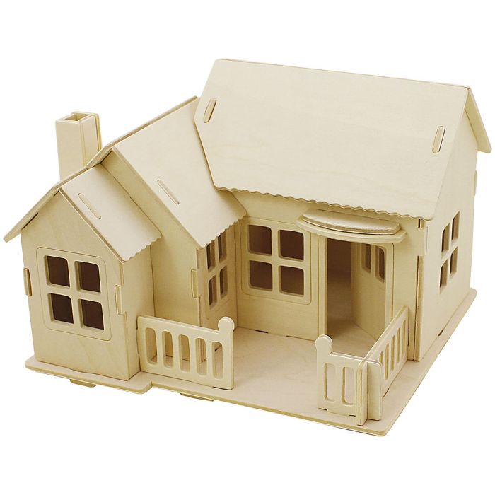 Kit de Construction 3D en bois, Maison avec terrasse, dim. 19x17,5x15, 1 pièce