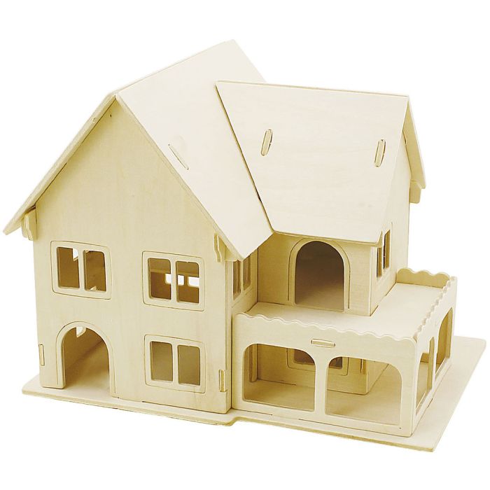 Kit de Construction 3D en bois, Maison avec véranda, dim. 22,5x16x17,5, 1 pièce